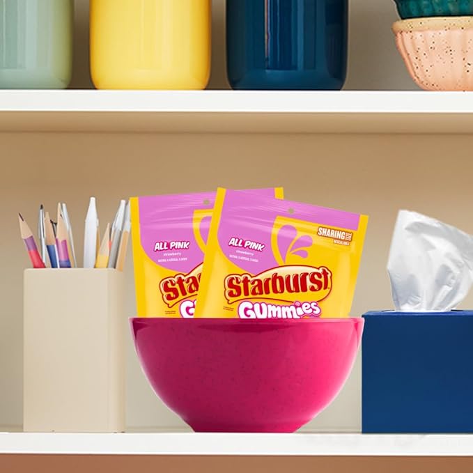STARBURST Gummies All Pink Gummy Candy Strawberry Flavored Chewy Snacks Bulk, Sharing Size, 9 oz Candy Bags (Pack of 8) for Pink Buffets, Party Favors, and More