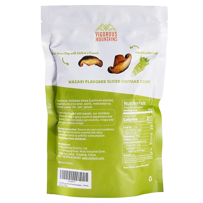 VIGOROUS MOUNTAINS Shiitake Mushroom Snack Chips, Crunchy Veggie Crisps, Wasabi Flavored Dried Snacks Perfect for Snacking Salad Topping | Non-GMO Low-Fat High Fiber | Vegetarian-Friendly in Resealable Full Zip Lock Bag (9.5 Ounce)