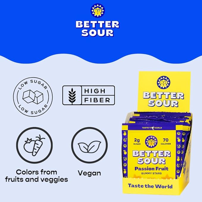 Better Sour Passion Fruit Gummy Stars Candy Naturally Flavored Plant-Based Low Sugar 2g/70 cal per 1.8oz Bag Healthy Sour Gummy Candy Healthy Treats (Pack of 10)