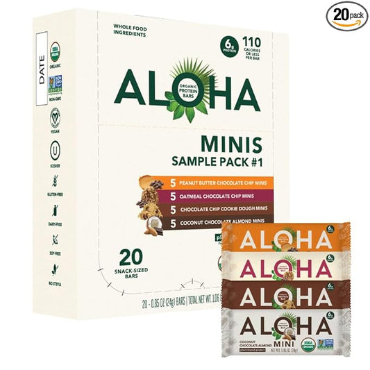 ALOHA Organic Plant Based Protein Bar MINIS | VARIETY PACK | GLP-1 Friendly, 20 Count, 24g Bars | Vegan, Low Sugar, Gluten Free, Low Carb, Non-GMO, No Stevia, No Soy, No Sugar Alcohols
