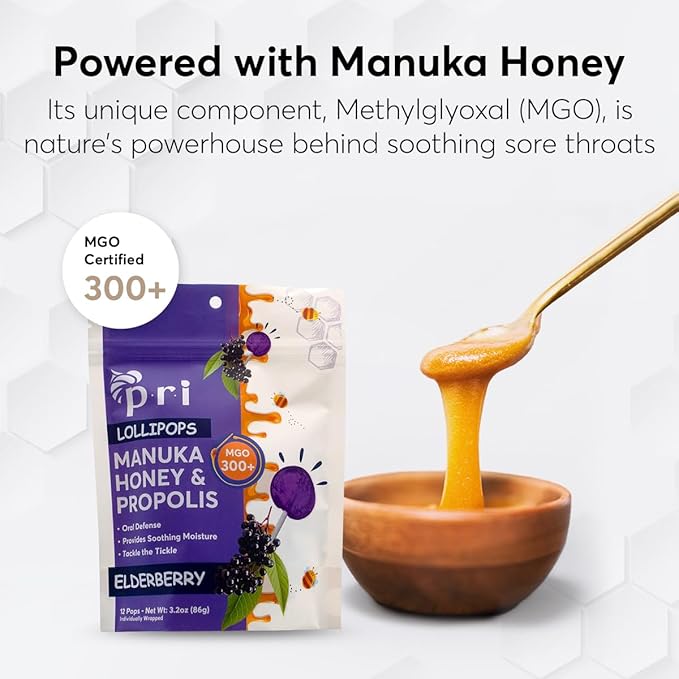 P.R.I Manuka Honey Lollipops with Propolis, Certified MGO 300+ – Throat Soothing, Elderberry Flavor, (24 Lollipops, 6.4oz)