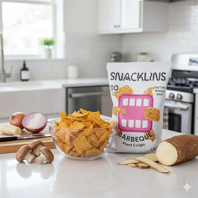 SNACKLINS Plant Based Crisps - Barbeque - Vegan Healthy Snacks - Gluten Free, Grain Free, Plant Based Crisps, 100% Kosher For Passover, Low Calorie - No Added Sugar, Crunchy, Puffed Snack - 3oz Bag (1 Pack)