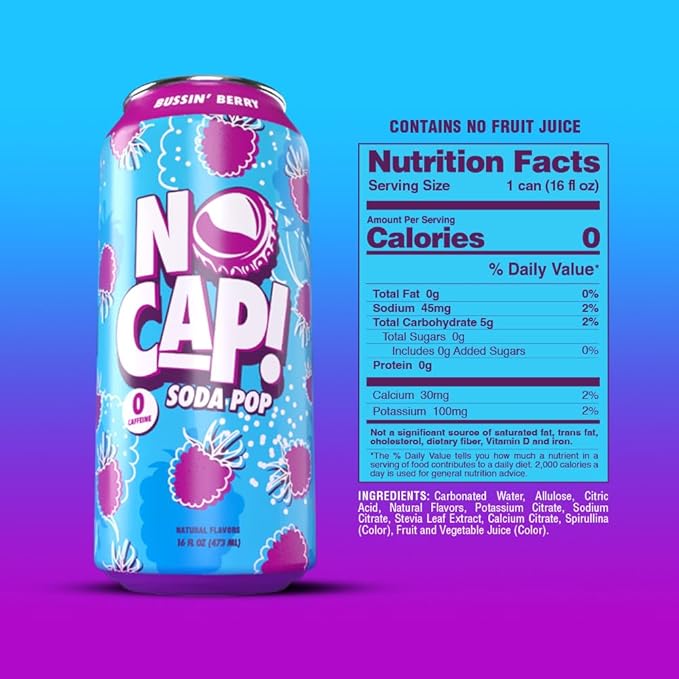 NO CAP! Next Gen Soda Pop with Zero Sugar, Zero Calories and Electrolytes for Hydration, Naturally Flavored Caffeine-Free Soda, Vegan & Gluten-Free, 16 oz Cans (Bussin Berry)