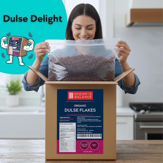 Ocean’s Balance Organic Dulse - Maine Coast Seaweed - Atlantic Ocean Sea Vegetables, Perfect for Keto Diet, Paleo Diet, Vegetarian Lifestyle or Vegan Diet (40lb, dulse flakes)