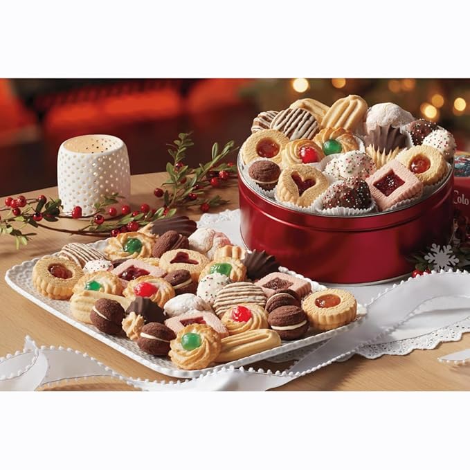 The Swiss Colony Holiday Cookies Gift Tin– Assorted Chocolate Sandwiches, Vanilla Fingers, Apricot Galettes, Festive Dessert Cookies Variety Pack, Holiday Treats, Gourmet