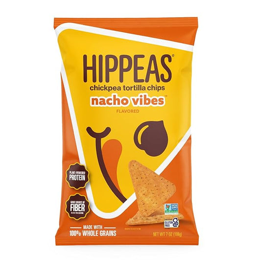 HIPPEAS Chickpea Tortilla Chips, Nacho Vibes Gluten Free Snacks, Dairy Free, Vegan, 7oz Bag, 3g Protein, 3g Fiber, Crunchy, Nutritious, Baked Plant Protein Snack, Non-GMO, Kosher
