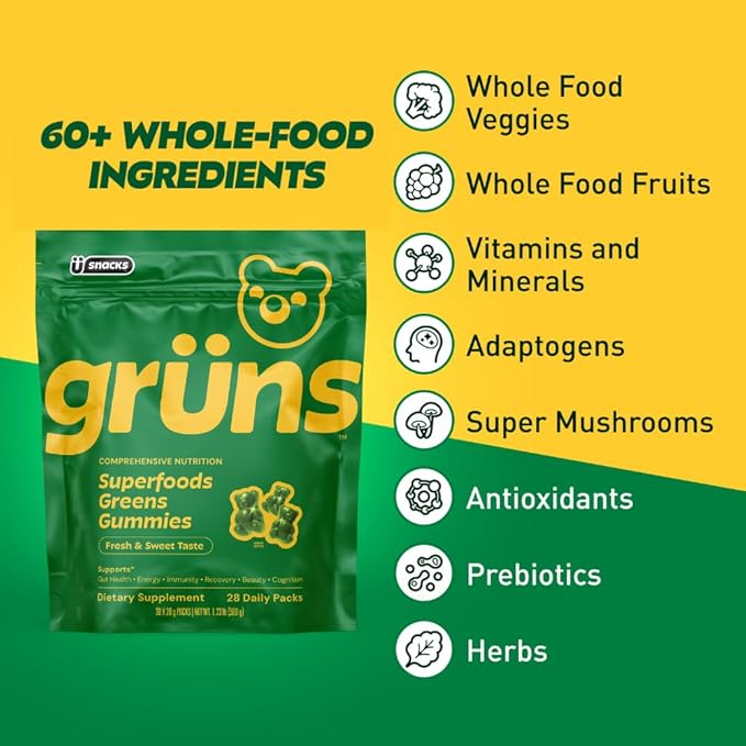 Gruns Adults Super Greens Gummies, Multivitamin Superfood Gummy Bears, Spirulina, Chlorella, Prebiotics & Fiber Gummies for Digestive Health, Adaptogens Supplement, 20 Vitamins & Minerals, 10 Count