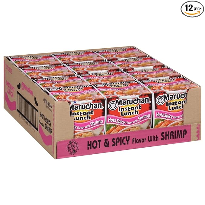 Maruchan Instant Lunch Ramen Noodles, Hot & Spicy Shrimp Flavor – Japanese-Style Instant Noodle Soup, Quick & Easy Meal – 2.25 Oz Cup, Pack of 12