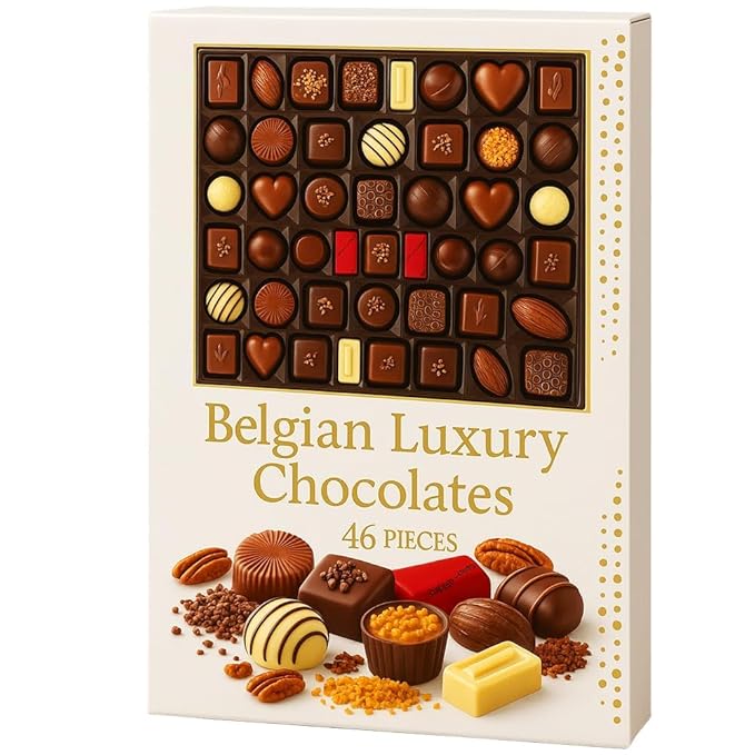 Belgian Luxury Chocolate Gift Box 46 Handcrafted Pieces | Gourmet Assortment of Milk, Dark & White Pralines with Hazelnut, Caramel & Ganache Filling | Made With Sustainable Cocoa
