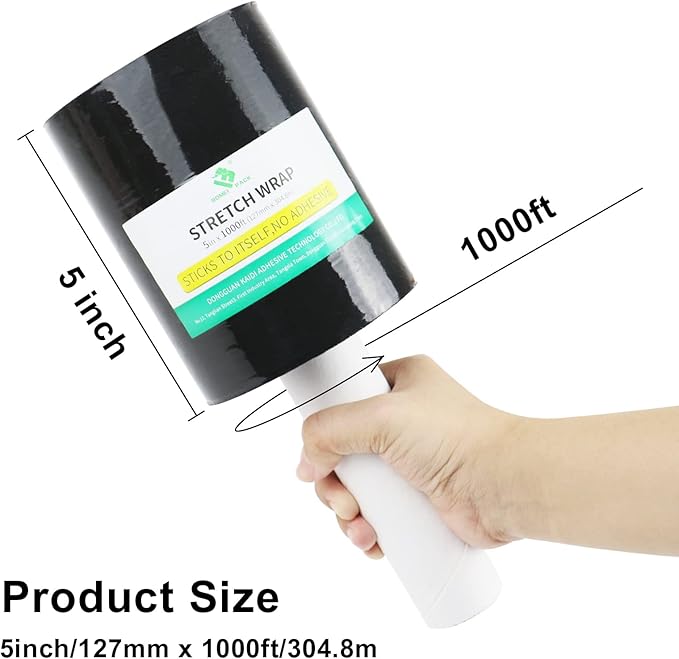 BOMEI PACK 6 Pack Industrial Black Mini Stretch Wrap Roll with Handle, 5" x 1000Feet 80 Gauge for Heavy Duty, Durable Self-Adhering Plastic Wrap for Packing, Moving