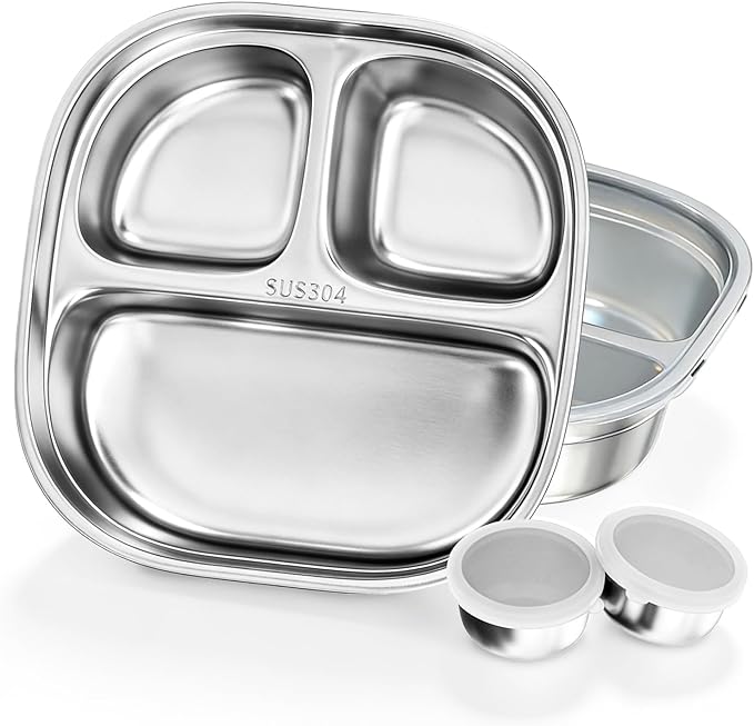 Stainless Steel Divided Plate for Kids Toddler, Non Toxic Portion Control Plate Dinner Plate with Lid for Adults Weight Loss, 2 Pack 3 Sections Square Snack Plate Tray