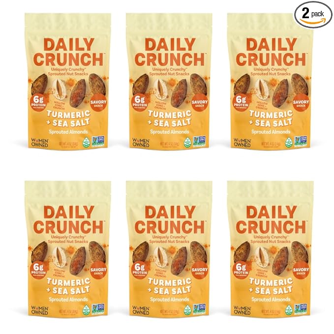 Daily Crunch Sprouted Almonds and Dehydrated nuts for a Unique Crunch, Keto Friendly, Non-GMO Zero Seed Oils, Gluten Free 4oz (6 Pack, Turmeric + Sea Salt)