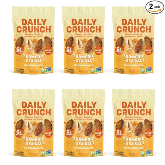 Daily Crunch Sprouted Almonds and Dehydrated nuts for a Unique Crunch, Keto Friendly, Non-GMO Zero Seed Oils, Gluten Free 4oz (6 Pack, Turmeric + Sea Salt)
