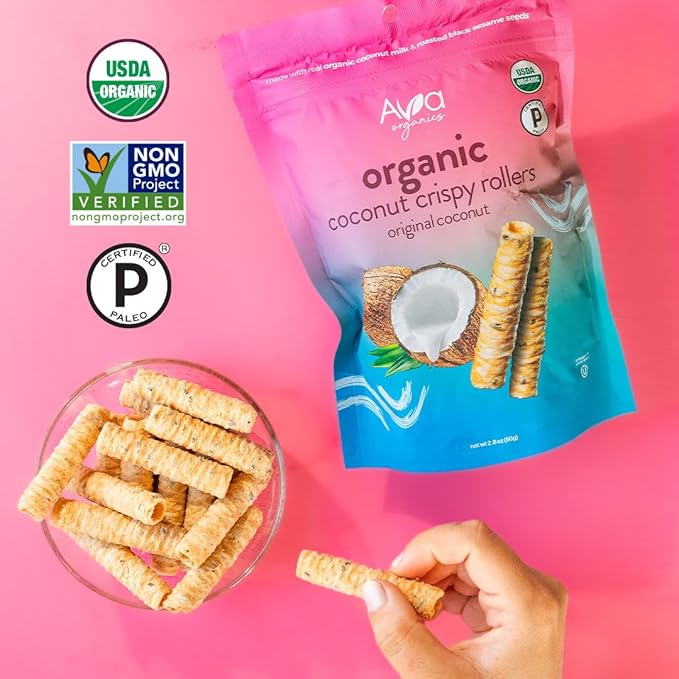 Original Coconut Crispy Rollers (2.8 oz bags) Ava Organics - Gluten Free, Non-GMO, Kosher, Vegetarian & Certified Paleo Lightly Sweetened Baked Coconut Crisps (Pack of 8)