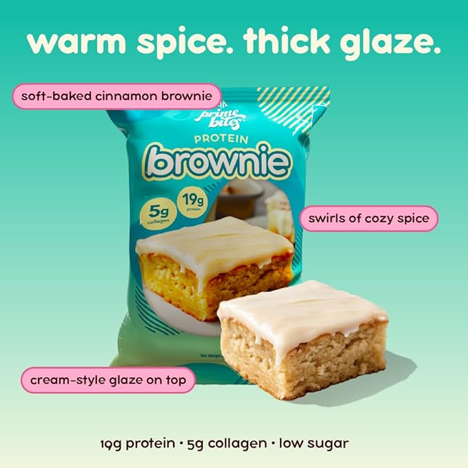 Prime Bites Protein Brownie from Alpha Prime Supplements | High Protein, Collagen Fortified Low Sugar Treat | Delicious Snack | 12 Bars per Box (Glazed Cinnamon Roll)