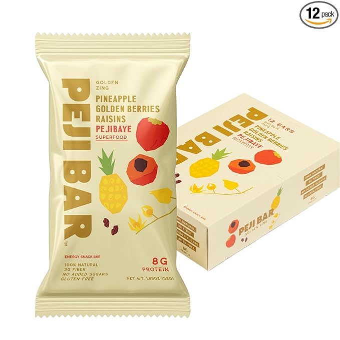 PEJI BAR Superfood Energy Bars | Golden Zing Pineapple Golden Berry Flavor | Gluten Free, 8g Protein, Fiber, Whole Ingredients, No Sugar Added | Adventure Ready Snack, 12 Count