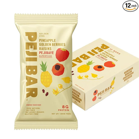PEJI BAR Superfood Energy Bars | Golden Zing Pineapple Golden Berry Flavor | Gluten Free, 8g Protein, Fiber, Whole Ingredients, No Sugar Added | Adventure Ready Snack, 12 Count