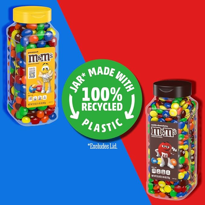 M&M’s Milk Chocolate and M&M’S Peanut Bulk Candy Jars, Assorted Chocolate Candies, Party Size Bulk Candy, Movie Night Snacks, Resealable and Recyclable, 48.5 Oz Total (Pack of 2)