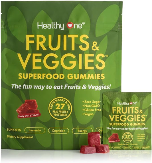 Fruits & Veggies Sugar-Free Gummies - 27 Whole Foods - Equals 3 Servings of Fruits & Vegetables - Improve Energy, Focus & Immune Function - Fiber - Antioxidants - Organic Ingredients - 28 Packets