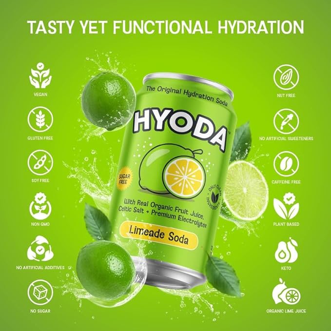 HYODA Limeade Soda, Gluten Free and Vegan Sparkling Electrolyte Drink, Made with Organic Lime Juice, Celtic Salt, and Calcium, Keto, Zero Sugar, Plant Based, Caffeine Free, 12 FL OZ Cans, 12 Pack