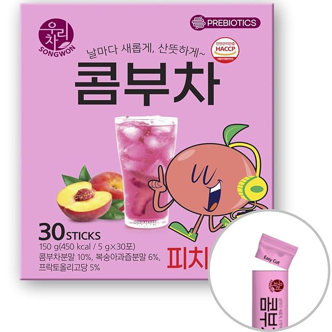 SONGWON Peach Kombucha Powder Sticks - Low Calorie, Naturally Sweetened, Refreshing & Effervescent Drink Mix - Ideal for Fitness, Outdoor Activities & Iced Tea - 30 Sticks (1.76 oz / 50g)