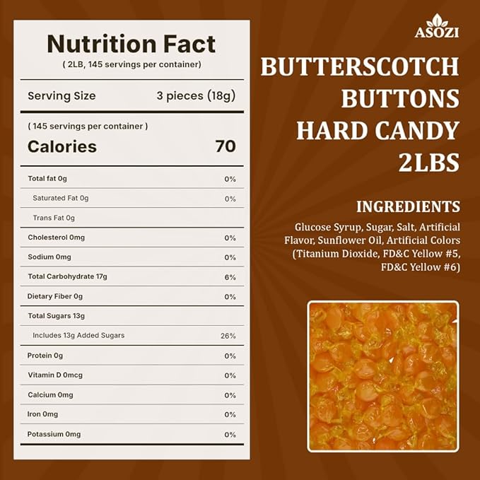 Butterscotch Buttons Hard Candy - Rich and Buttery Flavor, Individually Wrapped for Convenience - Perfect for Candy Dishes, Baked Goods, and Dessert Decorations - 2 lb. Bag butterscotch candy from ASOZI (Butterscotch)