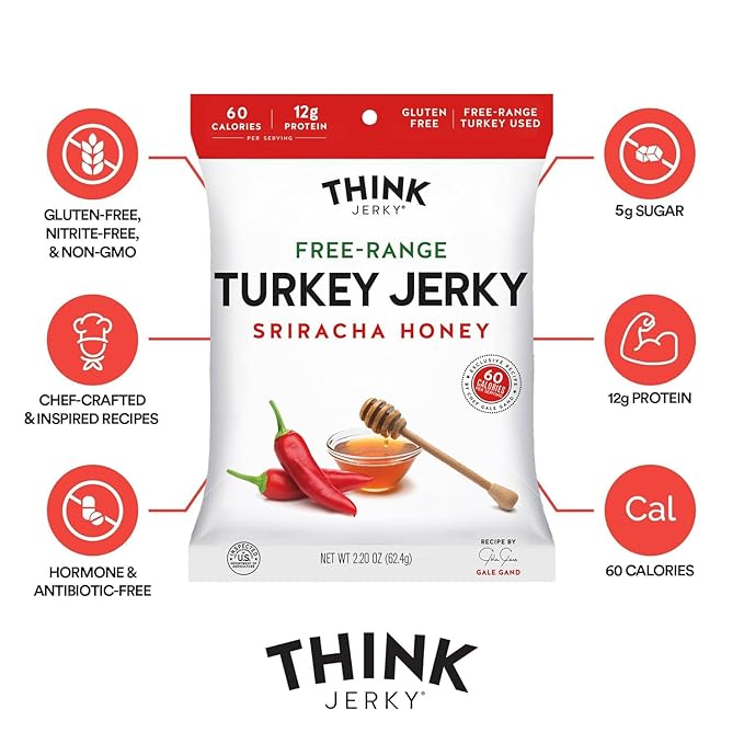 Think Jerky Sriracha Honey Turkey Jerky, Chef Crafted Free Range Turkey, Gluten Free, No Antibiotics or Nitrates, Healthy Chef Crafted Recipe, Low Calorie and Low Fat - 1.0 oz Bags, 8 Pack