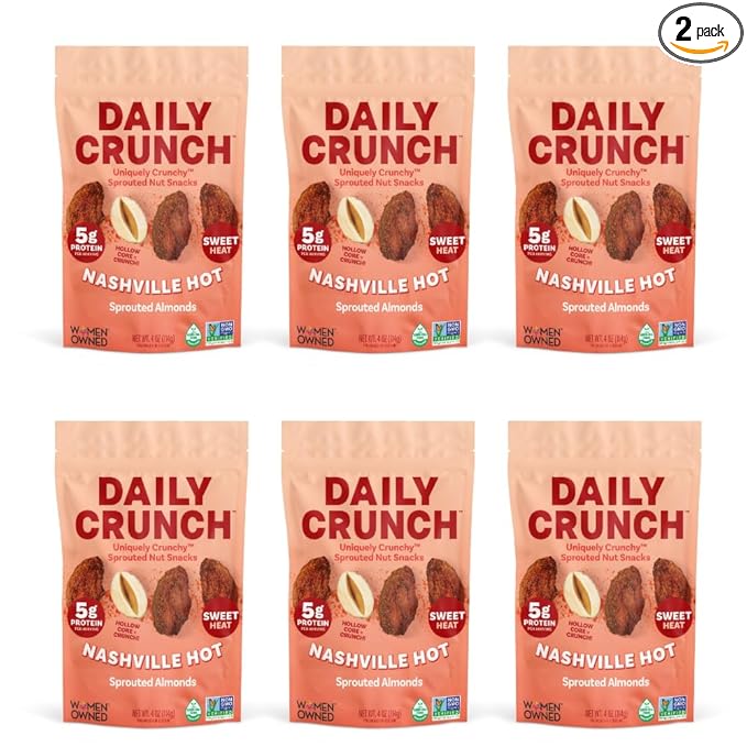Daily Crunch Sprouted Almonds and Dehydrated nuts for a Unique Crunch, Keto Friendly, Non-GMO Zero Seed Oils, Gluten Free, 4oz (6 Pack, Nashville Hot)