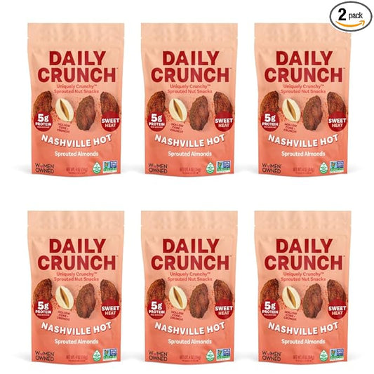 Daily Crunch Sprouted Almonds and Dehydrated nuts for a Unique Crunch, Keto Friendly, Non-GMO Zero Seed Oils, Gluten Free, 4oz (6 Pack, Nashville Hot)