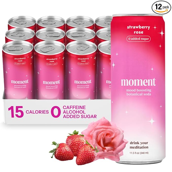 Moment Botanical Soda Soft Drink (Shark Tank) - SPARKLING Drinks | Strawberry Rose | L-Theanine & Ashwagandha for Calm & Clarity | 0 Added Sugar 0 Caffeine | 12-pack