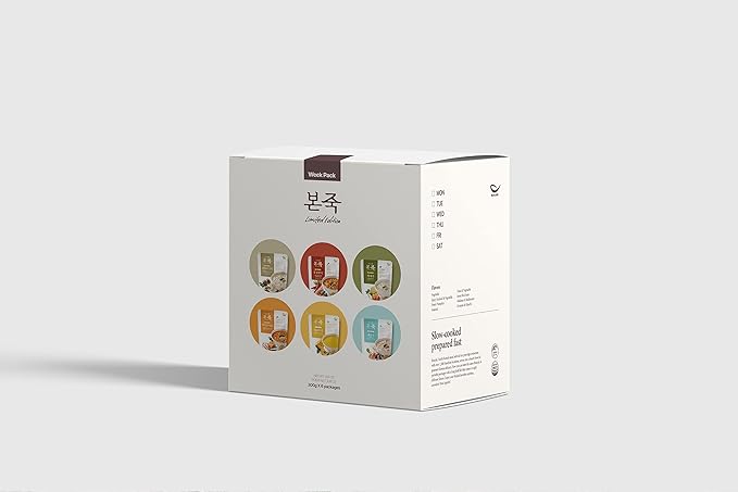 [Week Pack] BONJUK Rice Porridge, 6-Day Meal Kit – Pack of 6 Flavors (10.6oz each) – Abalone & Mushroom, Spicy Jjamppong Seafood, Vegetable, Octopus & Kimchi, Sweet Pumpkin, Seafood