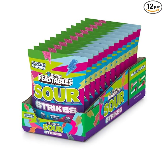 Feastables Mrbeast Strikes Sour Candy, Mixed Gummies With Watermelon, Green Apple, Strawberry, and Raspberry Flavors, Candy for Adults & Kids as Snacks or Dessert, Made With Fairtrade Sugar, 12CT