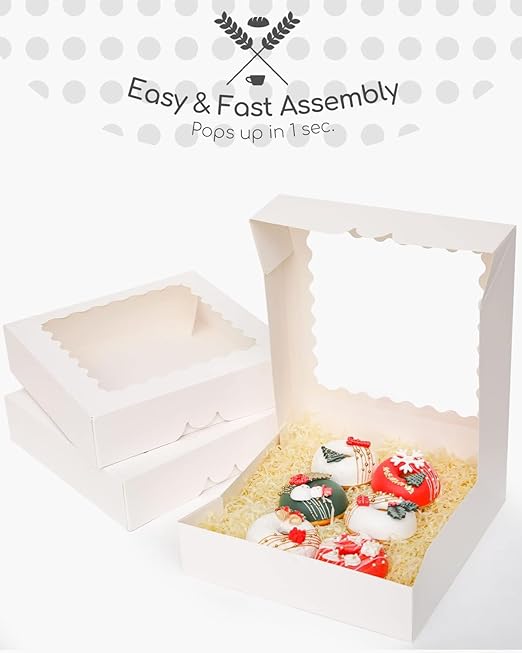 qiqee 8x8x2.5 Inch White Pastry Box With Window Donut Pie Boxes 12pcs Bakery Box (Auto-pop Up)