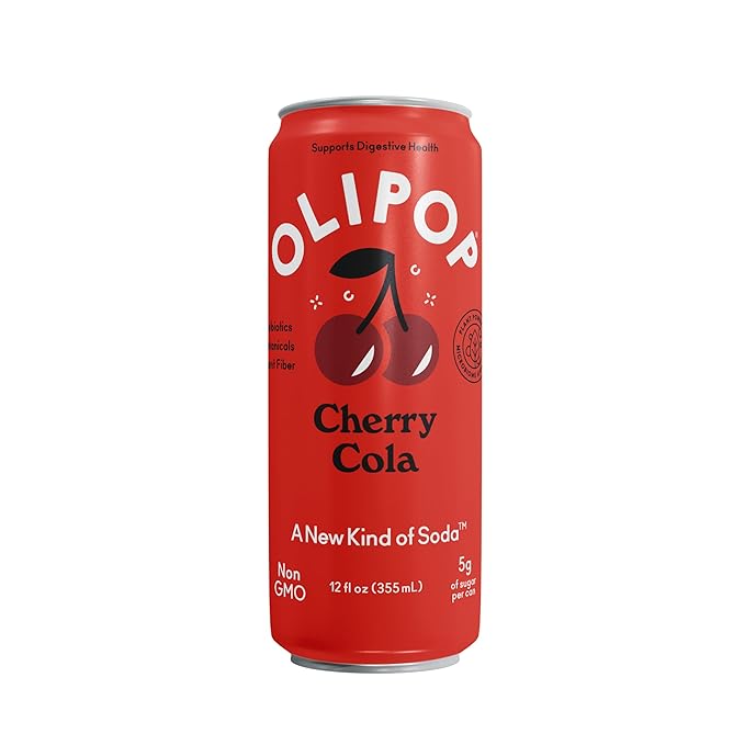 OLIPOP Prebiotic Soda Pop, Cherry Cola, Pantry Pack Packed with Prebiotics, Fiber, and Botanicals, Gluten Free, Vegan, GMO Free, 12oz Skinny (12-Cans)