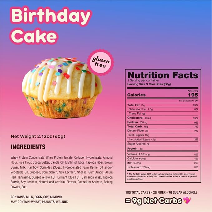Prime Bites Minis - High Protein Muffin (12 Per Box, Birthday Cake) - 15g of Protein, 5g of Collagen, Gluten Free, Low Sugar Treat, Delicious Protein Snack