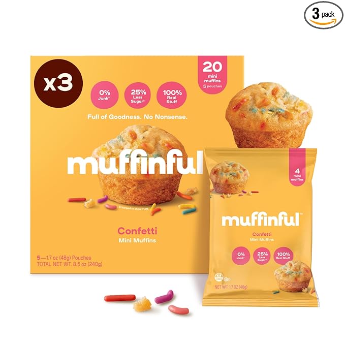 Muffinful Triple Confetti Mini Muffins – Bakery Fresh Bite-Sized Treats – 60 Muffins Total (15 Packs of 4) – Less Sugar, Nothing Artificial, Individually Wrapped