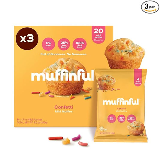 Muffinful Triple Confetti Mini Muffins – Bakery Fresh Bite-Sized Treats – 60 Muffins Total (15 Packs of 4) – Less Sugar, Nothing Artificial, Individually Wrapped