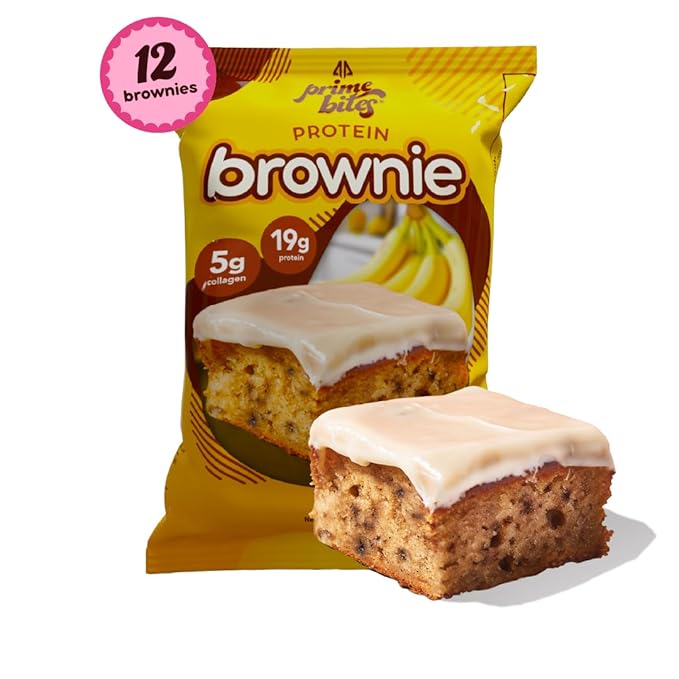 Prime Bites High Protein Brownie (12 Per Box, Banana Nut) - 19g of Protein, 5g of Collagen, Gluten Free, Low Sugar Treat, Delicious Protein Snack