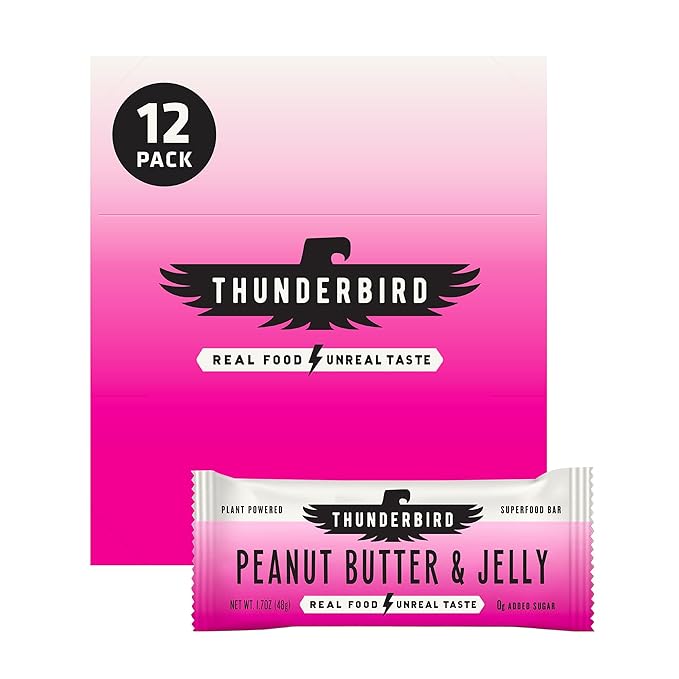 Thunderbird Bars Energy Snack, Gluten-Free with Protein, Healthy Real Food, Vegan Non-GMO, No Added Sugar (12 Count, 1.7 oz. Bars) (Peaut Butter Jelly)
