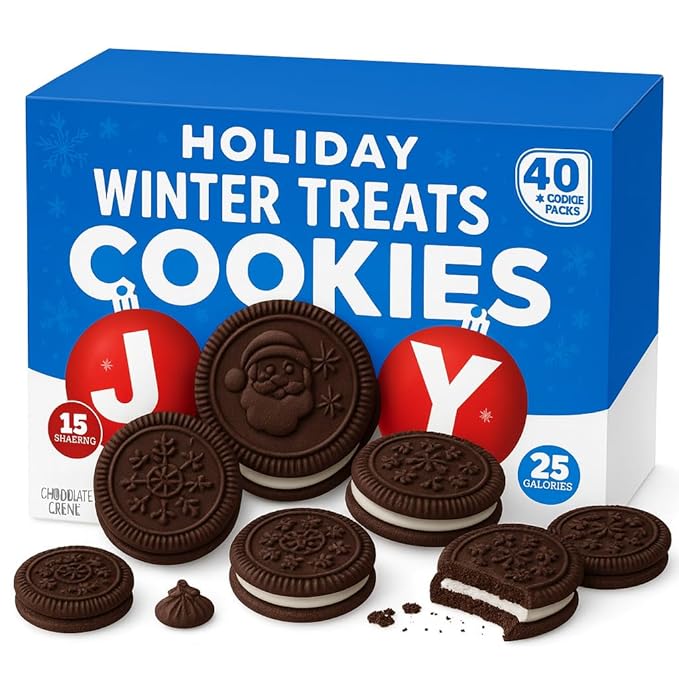 Winter Treats Cookie Variety Pack – 40 Count – Holiday Chocolate Sandwich Cookies with Red & White Creme – Festive Christmas Cookie Box for Kids, Parties, and Gifts