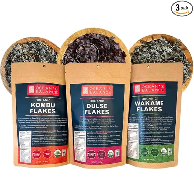 Ocean's Balance Organic Flakes Seaweed Combo Pack (4 Oz Pouch Dulse +4 oz of Wakame + Kombu) - Maine Coast Seaweed - Perfect for Keto, Paleo, Vegetarian and Vegan Diets - Atlantic Coast Sea Vegetables