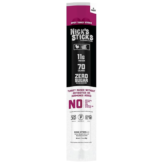 Nick's Sticks Clean & Balanced Spicy Free Range Turkey Snack Sticks | Made in the USA | Gluten Free | Paleo, Keto, Whole30 Approved | No Soy, Antibiotics or Hormones (12 – 1.7oz. Packs of 2 Sticks)