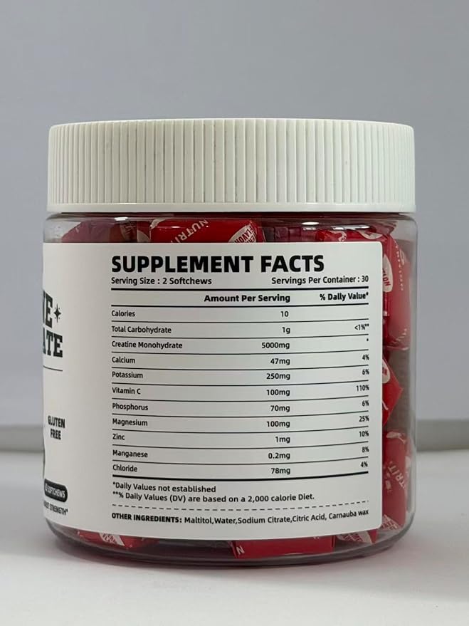 NUTRAVITA Creatine Monohydrate Chews (5g) – Pre-Workout Energy & Muscle Growth Support for Men & Women | Strawberry Electrolyte Gummies (60 Count)