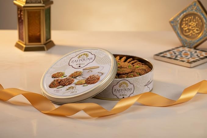 Zaitoune Barazek Cookies - 250 g | Luxurious Crunchy Sesame & Pistachio Biscuits Handcrafted in Turkey | Beautiful Reusable Gift Tin | Perfect for Coffee or Tea | Great Ramadan Sharing Present