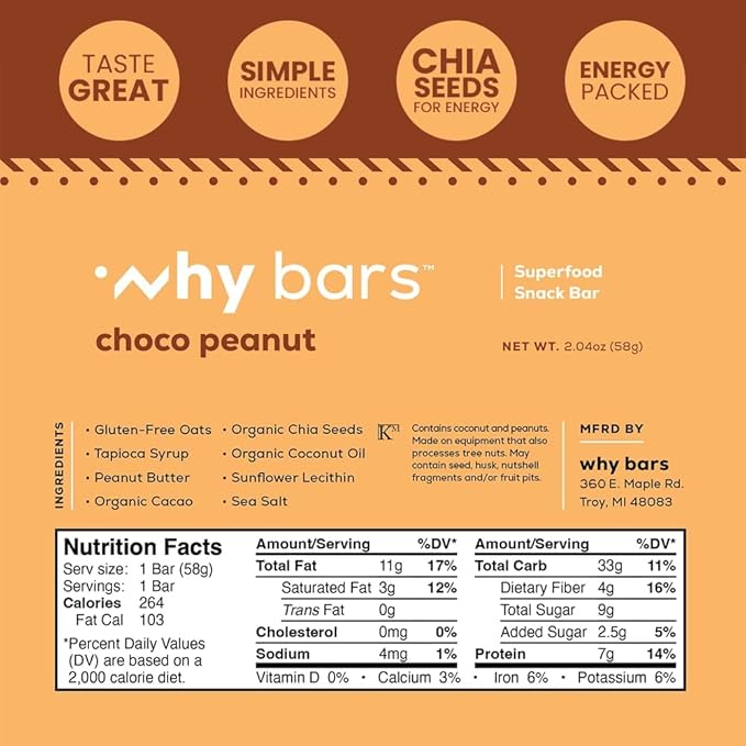 Why Bars, Superfood Protein Bars, 2.04 Ounce Bars - Protein Bar Superfood, Gluten Free, Non GMO, Organic, Vegan, Simple Ingredients (Chocolate Peanut Butter)