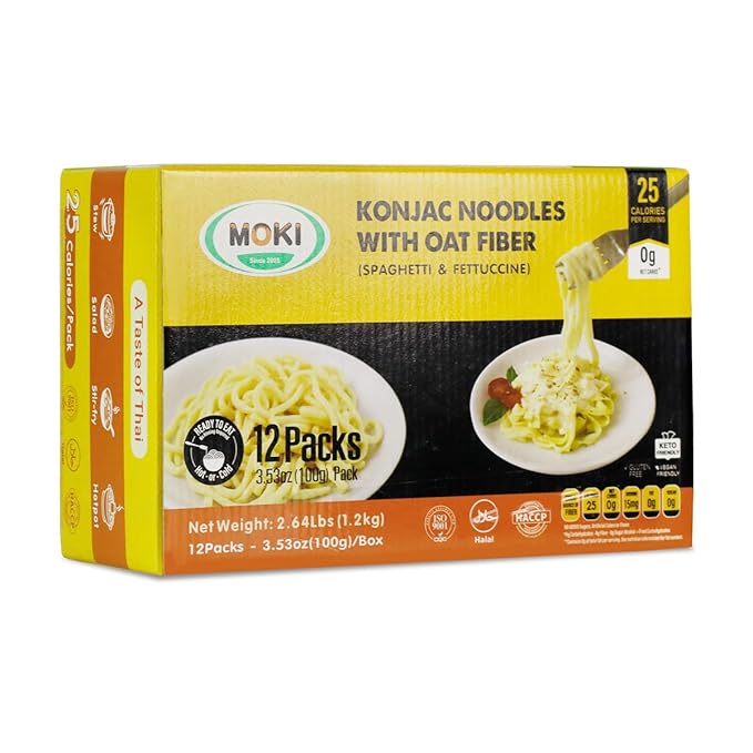 ‌MOKI Konjac & Oat Fiber Pasta Bundle - 12 Pack Low Carb Keto Shirataki Noodles, Low Calorie, Gluten-Free, Vegan, 0-Fat,Sugar Free,Paleo Diet Friendly (Spaghetti & Fettuccine, 3.53 oz Each)