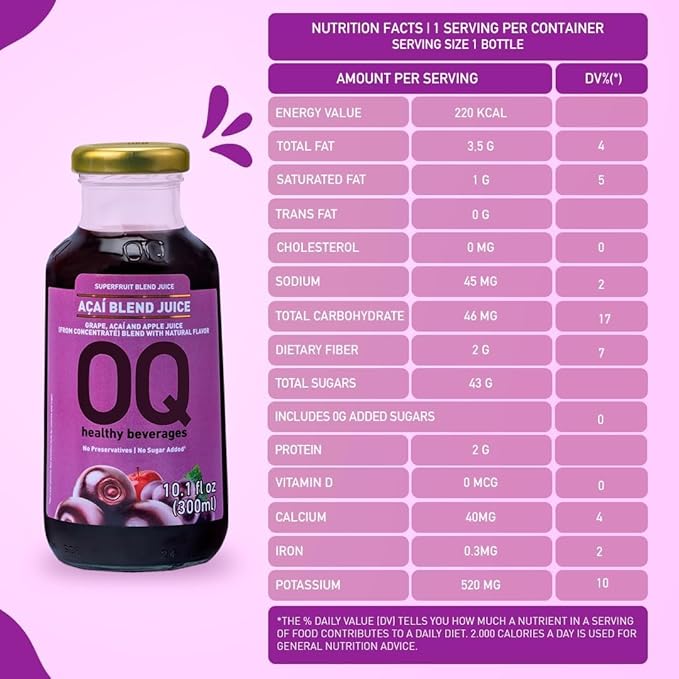 OQ Healthy Beverages Brazilian Açaí Juice, 100% Pure Blend | Antioxidant Superfruit Drink | Naturally Energizing Taste | 10.14 fl oz (Pack of 12)