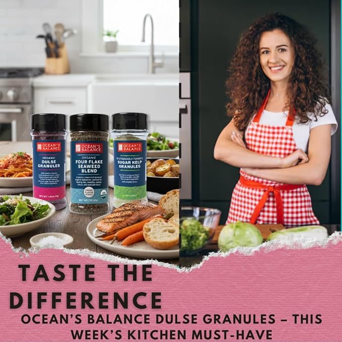 Ocean's Balance Dulse Granules – Iron & Minerals,Soup Topping Seaweed,Seaweed for Ramen,Salad & Snacks– Atlantic Dulse Flakes – Vegan, Gluten-Free, Paleo & Keto Friendly (1.25oz)