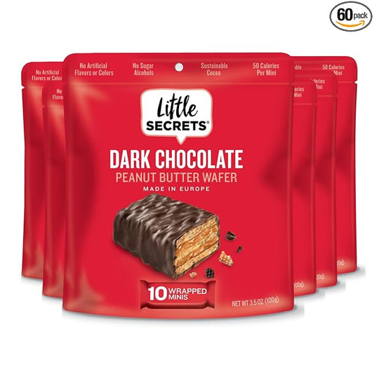 Little Secrets Dark Chocolate Peanut Butter Crispy Wafers | 60 Minis | Made in Europe | Nothing Artificial & No Sugar Alcohols | Sustainable Cocoa | 3.5 Ounce (Pack of 6)