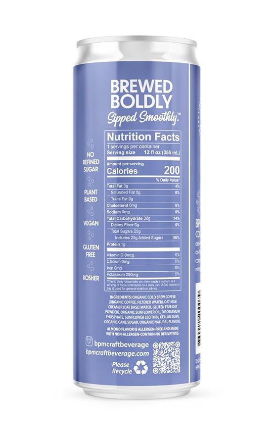 BPM Craft Beverage Cold Brew Coffee, Vanilla Almond Latte, 12 Fl Oz Cans (12 Pack)
